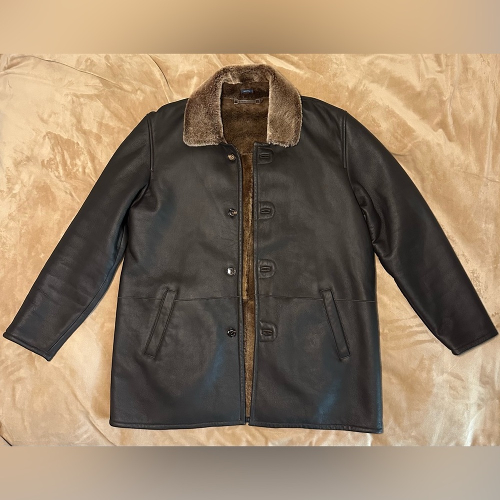 Peter Millar Brown Leather Shearling Jacket with Brown Button Down